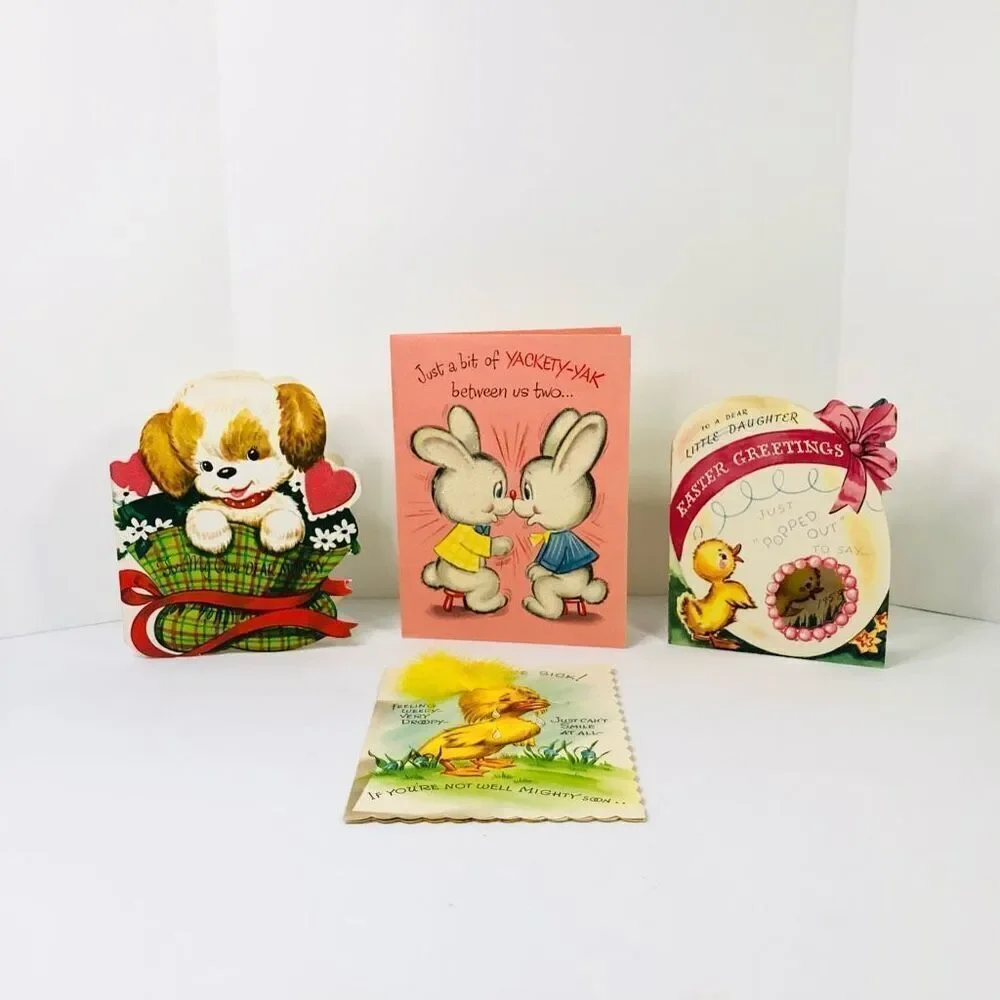 vintage 60s greeting cards lot of 4 duck bunny dog feathers and glitter crafts